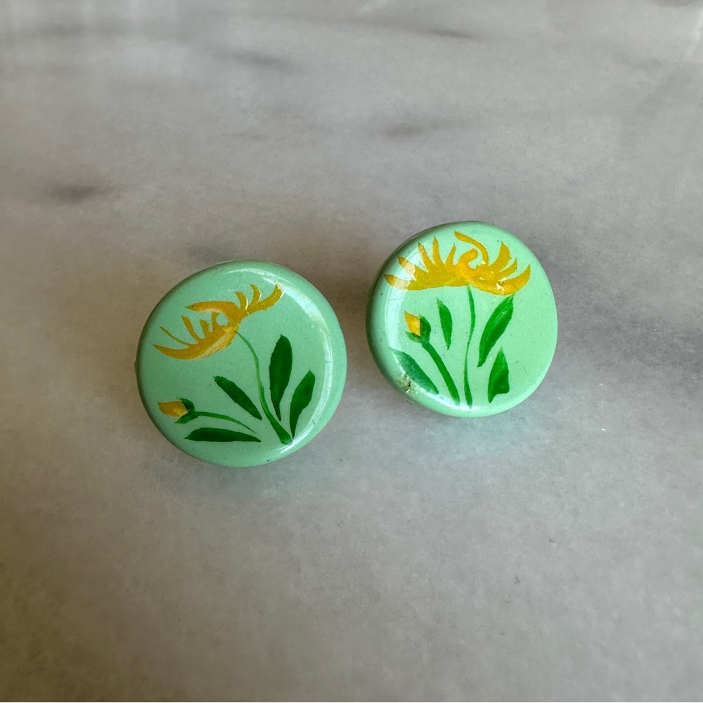 VINTAGE • Flower Studs Seafoam Green Pastel Hippie Handmade Painted Earrings